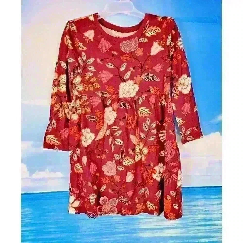 OLD NAVY Girls BURGANDY FLORAL Dress LONG SLEEVE Lightweight STRETCH size 5t